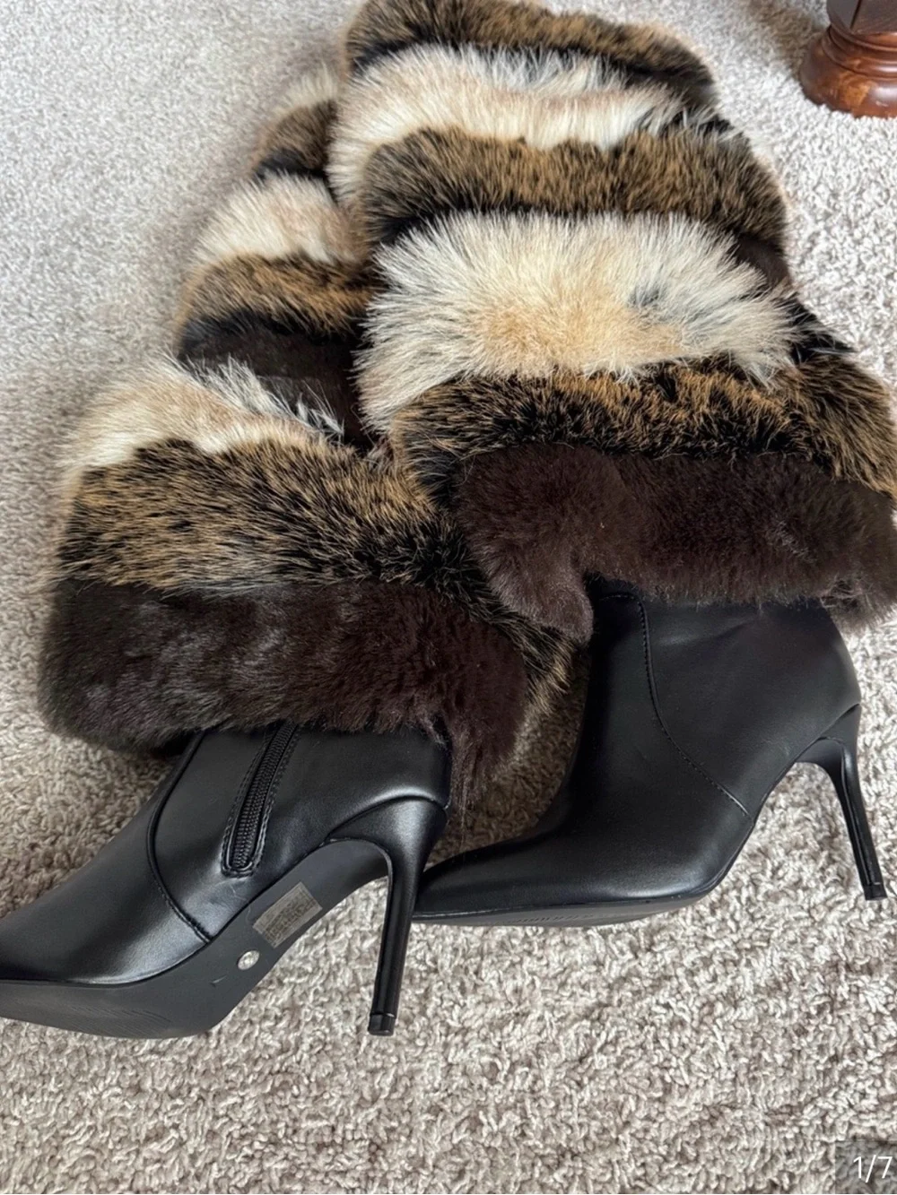 Azalea Wang Langlau Faux Fur Knee-High Stiletto Boot in Brwn,Blk ,Cream size 10